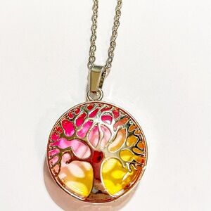 Pink & Yellow Tree Of Life Pendant Necklace